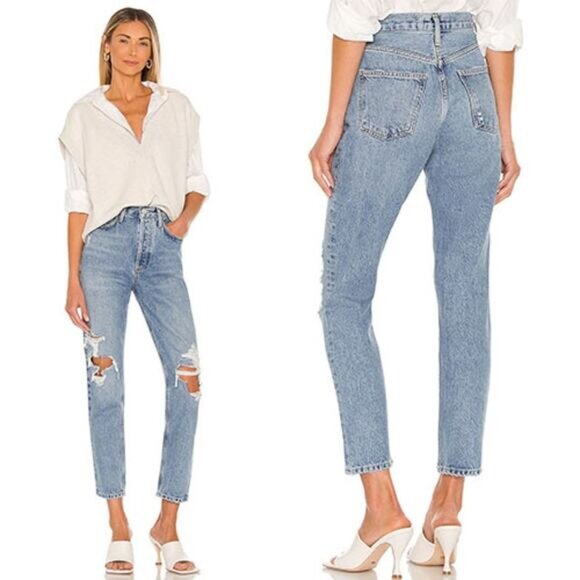 NWT AGOLDE Fen High Rise Relaxed Taper Jean Wander Distressed Blue Size: 27 - Picture 1 of 9
